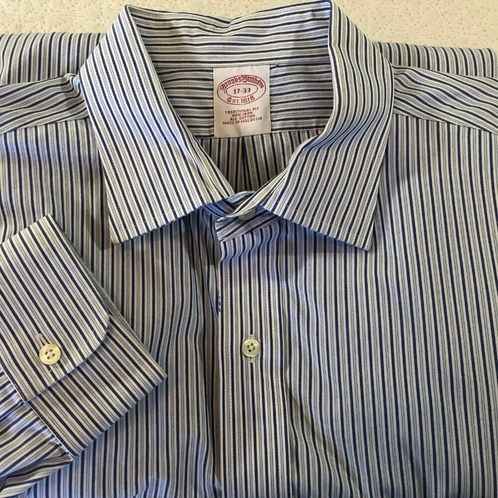 Brooks Brothers 1818 Mens Size 17-33 Non-Iron Shirt 100% Cotton Blue Stripe